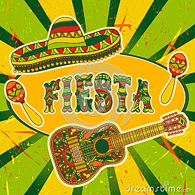 Mexican Fiesta Party Invitation with maracas, sombrero and guitar. Hand drawn vector illustration poster Vector Illustration