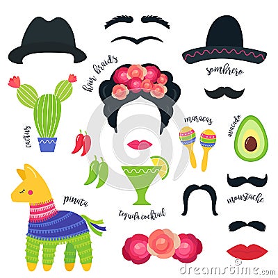 Mexican Fiesta Party Symbols and Photo Booth Props. Vector Design Vector Illustration