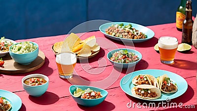 Mexican fiesta with tacos salsa beer on a vibrant pink table against a blue background Generative AI Stock Photo
