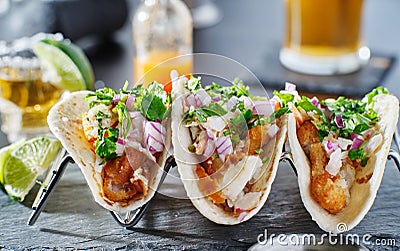 Mexican fish tacos in metal tray Stock Photo