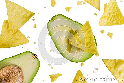 Mexican food concept, guacamole and nachos snack, avocado and to Stock Photo