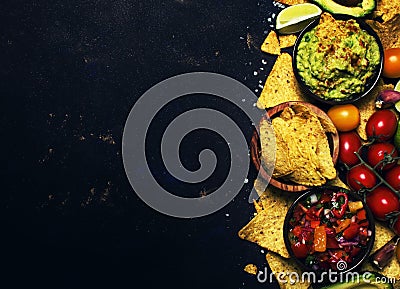 Mexican Food Concept, Nachos, Guacamole, Salsa Sauce, Black Back Stock Photo