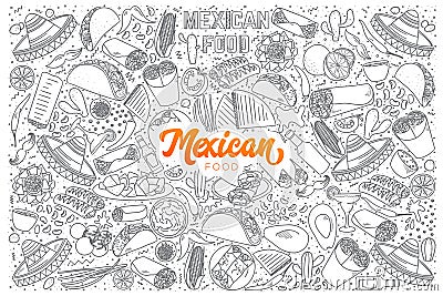 Mexican food doodle set with orange lettering Vector Illustration