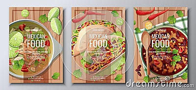 Mexican food flyer set on wooden background. Tacos, lime and bean soup. Banner, menu, poster, advertisement of Vector Illustration