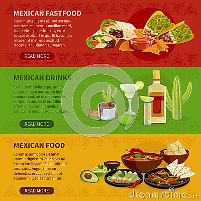 Mexican Food 3 Horizontal Banners Set Vector Illustration