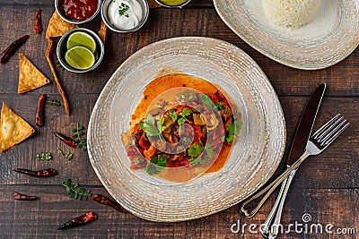 Mexican food huachinango a la veracruzana with sauces on wooden table Stock Photo