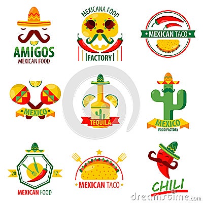 Mexican food logo emblems vector poster on white Vector Illustration