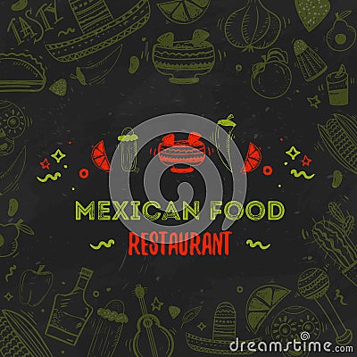 Mexican food menu template. Vector vintageillustration for , poster on dark background. with place text Vector Illustration