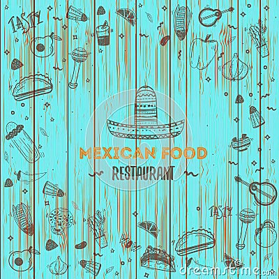 Mexican food menu template. Vector vintageillustration for , poster onwooden background with place for text Vector Illustration