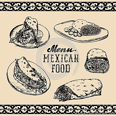 Mexican food menu in vector. Burritos, nachos, tacos illustrations. Hipster snack bar, fast-food restaurant icons. Vector Illustration