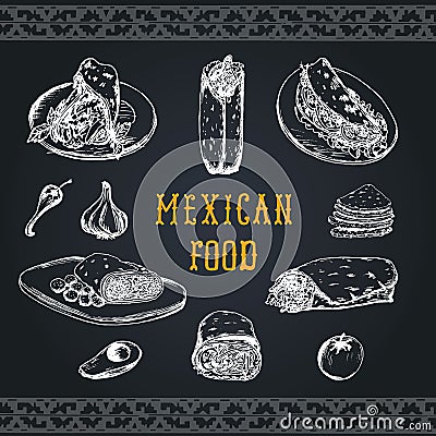 Mexican food menu in vector. Burritos, nachos, tacos illustrations. Hipster snack bar, fast-food restaurant icons. Vector Illustration
