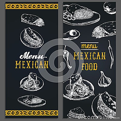 Mexican food menu in vector. Burritos, nachos, tacos illustrations. Hipster snack bar, fast-food restaurant icons. Vector Illustration