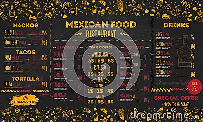 Mexican Food Restaurant menu, template design. flyer for promotion, site banner Vector Illustration