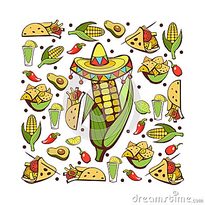 Mexican cuisine. A set of popular Mexican dishes. Fast food. Vector illustration. Vector Illustration