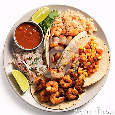 Mexican food: shrimp tacos with rice, corn and salsa Stock Photo