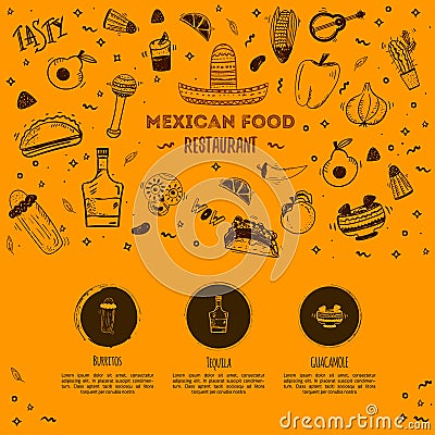 Mexican food sketch menu template. Vector vintageillustration for , poster on white background. with place text Vector Illustration