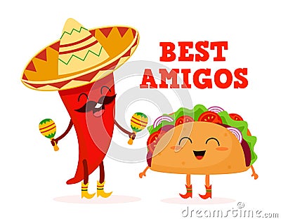 Mexican food. Taco and pepper. Stylized characters. Vector illustration. Vector Illustration