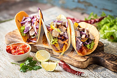 Mexican food tacos, fried chicken, greens, mango, avocado, pepper, salsa Stock Photo