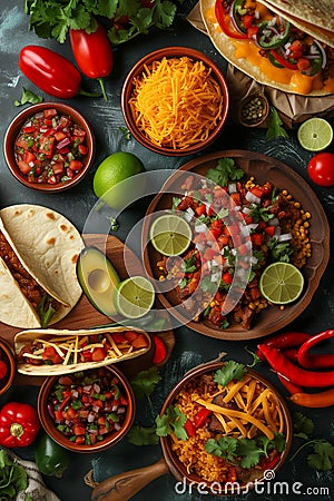 Mexican food: tacos, quesadillas, enchiladas, chiles en nogada. Top view Stock Photo