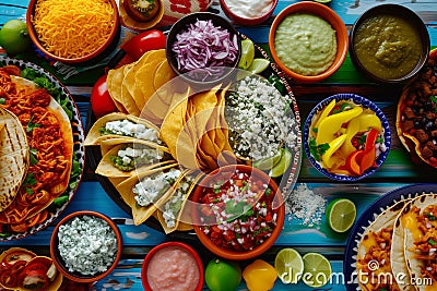 Mexican food: tacos, quesadillas, enchiladas, chiles en nogada. AI Stock Photo