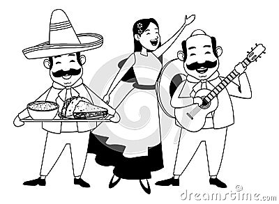 Mexican food and tradicional culture in black and white Vector Illustration