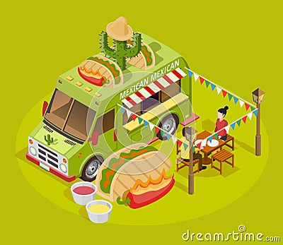 Mexican Food Truck Isometric Advertisement Poster Vector Illustration