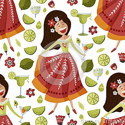 Mexican girl seamless vector pattern. Vector Illustration