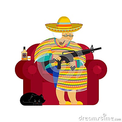 Mexican grandmother with gun. Old woman from Mexico on chair and Vector Illustration