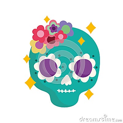 Mexican green skull with flowers decoration mexico culture Vector Illustration