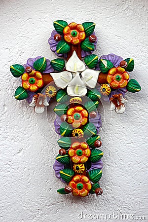 Mexican handcraft floral crux made of clay Stock Photo