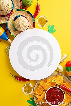 Top view vertical photo of white circle frame tequila nachos chips sauce chilli lime sombrero and cactus silhouettes Stock Photo