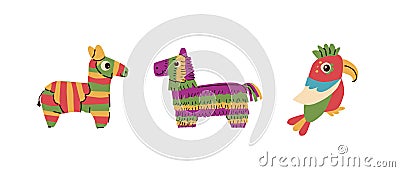 Mexican horse pinata set and bird parrot for party in flat style Vector Illustration