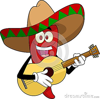 Mexican Hot Chili Pepper Cartoon Character Singing With A Guitar Vector Illustration