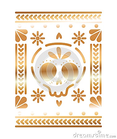 Mexican icon of a skull with golden color in square on white background Vector Illustration