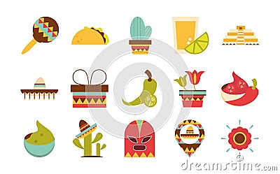 Mexican icons collection decoration celebration festive flat design Vector Illustration