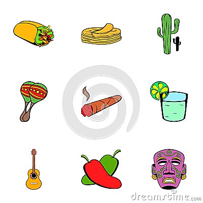 Mexican icons set, cartoon style Vector Illustration