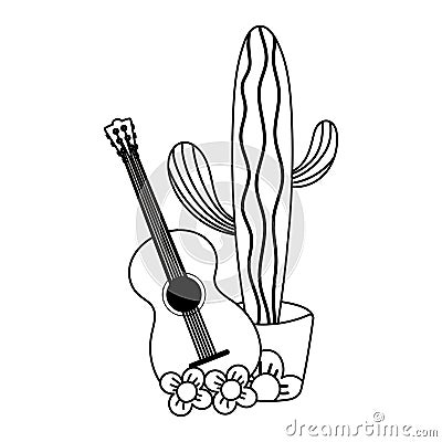 Mexican independence day, guitar flowers and potted cactus, celebrated on september line style Vector Illustration
