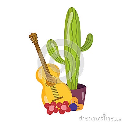 Mexican independence day, guitar flowers and potted cactus, celebrated on september Vector Illustration