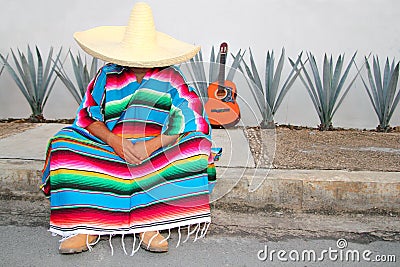 Mexican lazy man sit serape agave Stock Photo