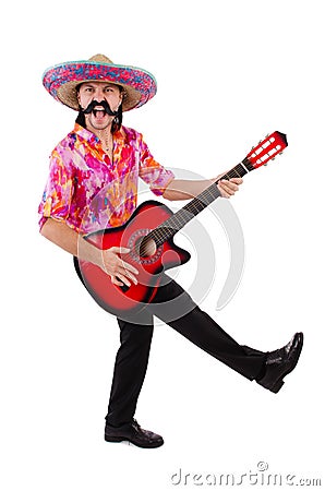 Mexican male brandishing guitar isolated Stock Photo