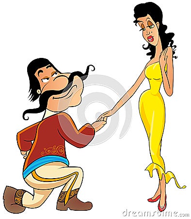 Mexican man asks senorita to a dance. Cartoon Illustration
