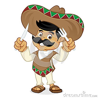 Mexican man cartoon holding fork and knife Stock Photo