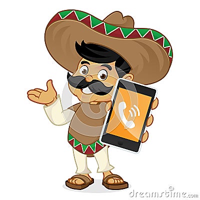 Mexican man cartoon holding phone Stock Photo