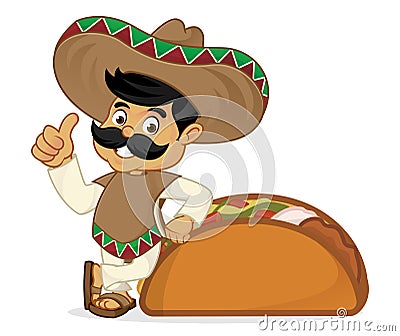 Mexican man cartoon leaning on taco Stock Photo