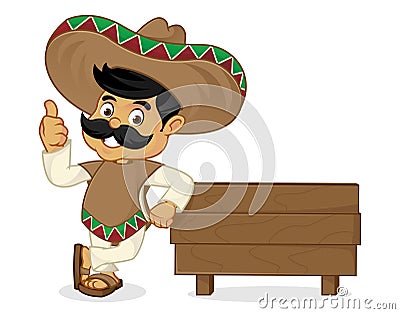 Mexican man cartoon leaning on wood plank Stock Photo