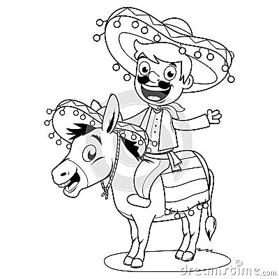 Mexican man riding a donkey. Vector black and white coloring page Vector Illustration