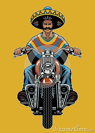 Mexican Man Riding Old Vintage Motorcycle Vector Illustration