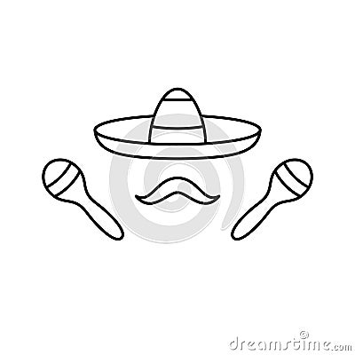 Mexican man set. Sombrero, mustache, maracas. Line art icon of traditional attributes of fun, dance and music. Black symmetric Vector Illustration