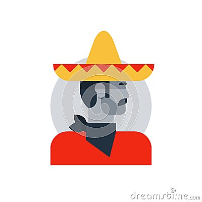 Mexican man in sombrero and poncho, side view turned head, brutal hero Vector Illustration