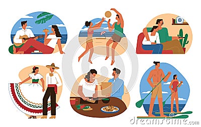 Mexican man and woman lovers set, couple spending time together. Vector Illustration